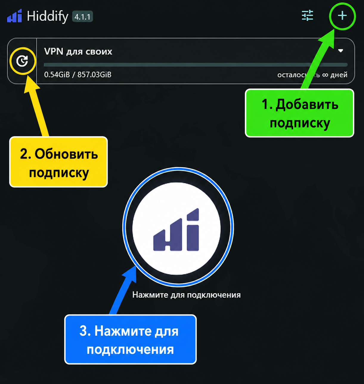 Подсказка по кнопкам Hiddify: добавить подписку, обновить подписку и подключиться